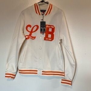 Black Pike Authentic embroidered patch fleece varsity jacket orange /creme  M